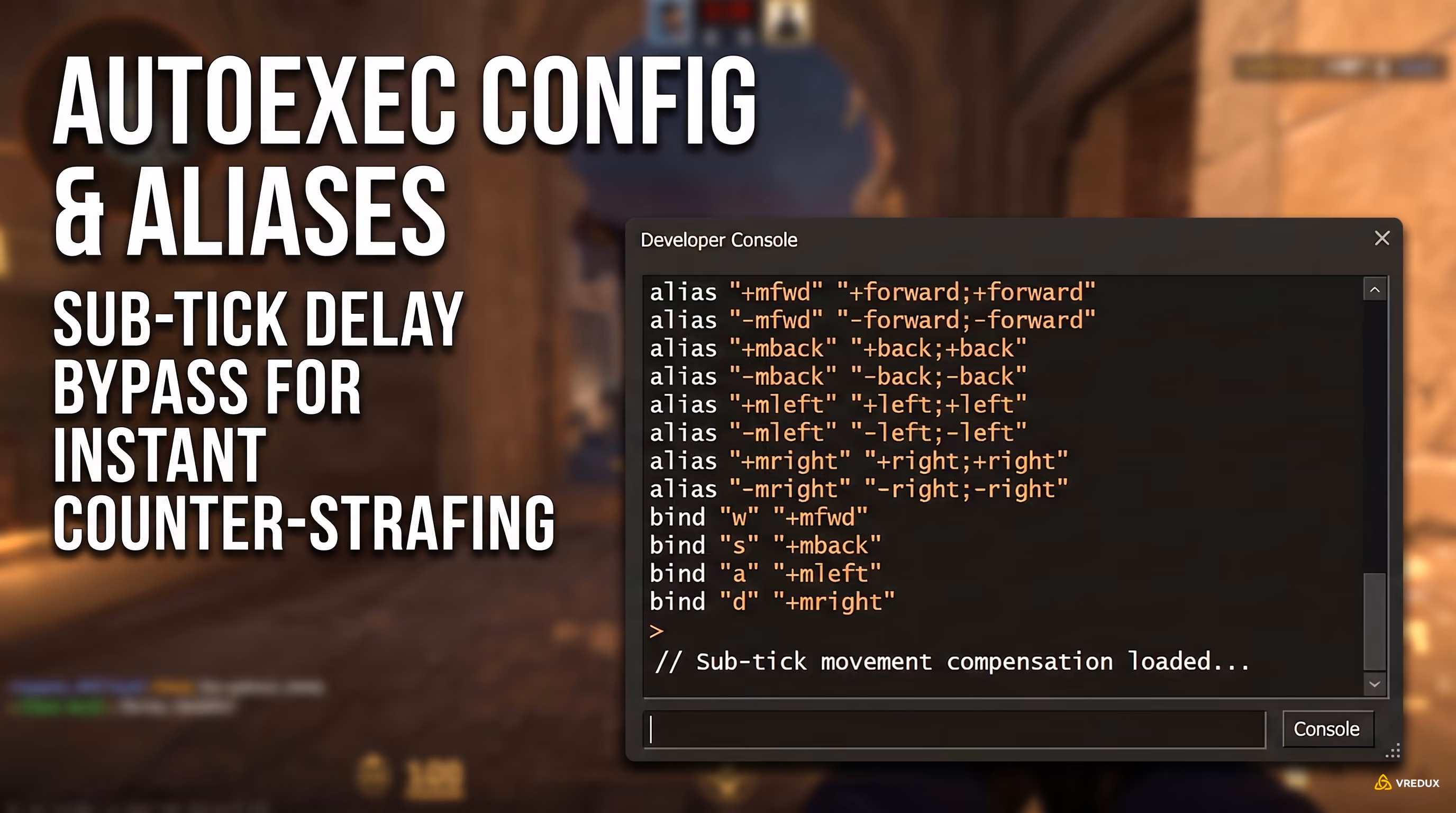 CS2 developer console with sub-tick bypass alias binds entered