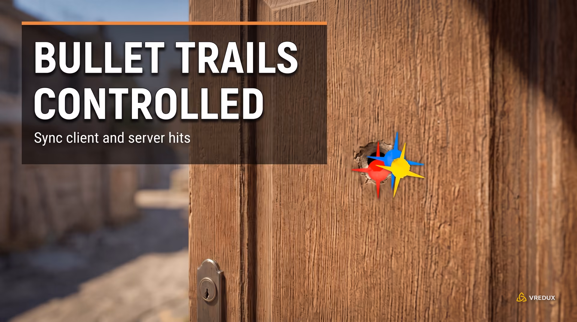 Display of red and blue bullet impact markers on a wooden door in CS2