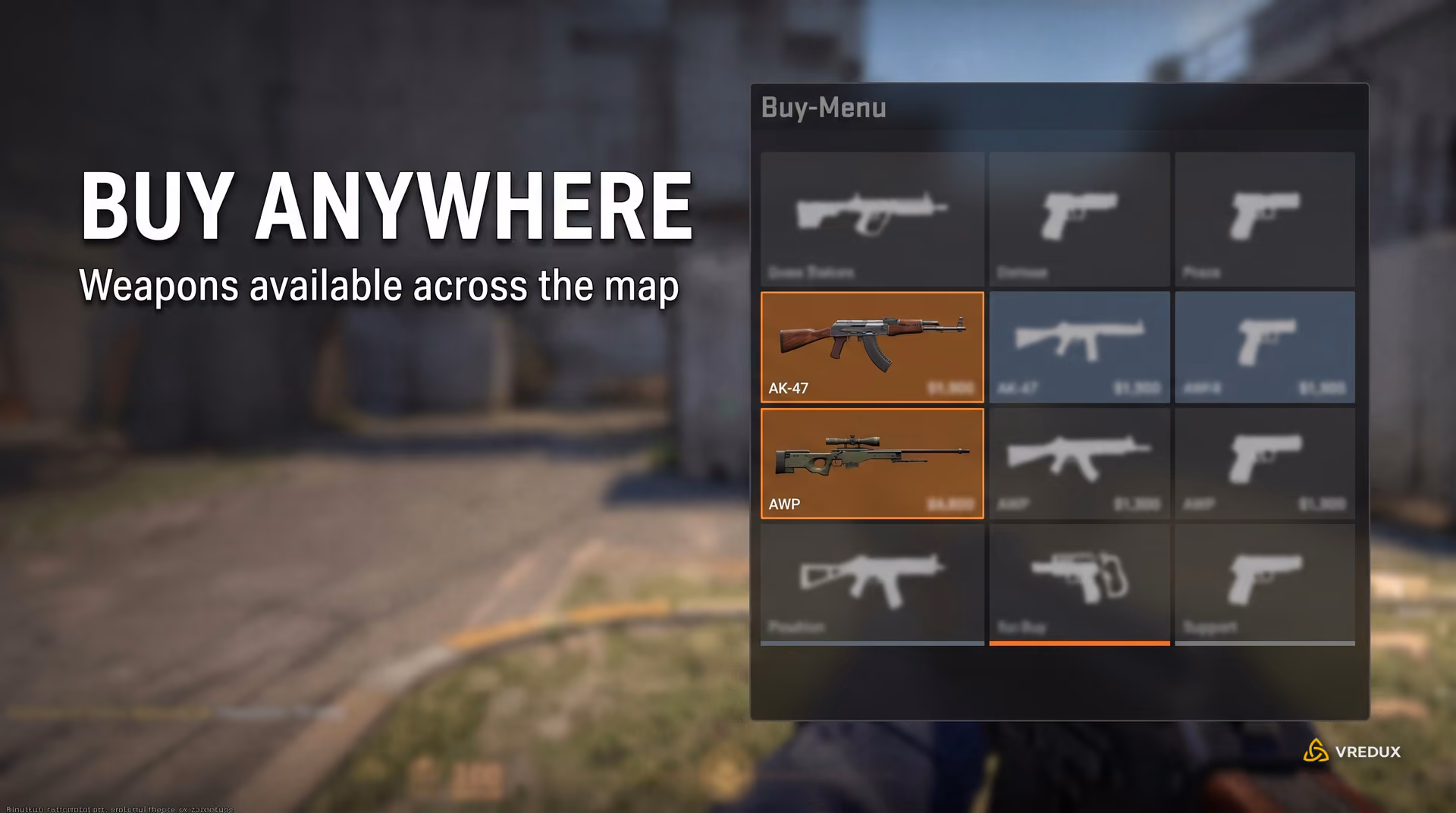 CS2 buy menu interface accessed anywhere on the map on a practice server
