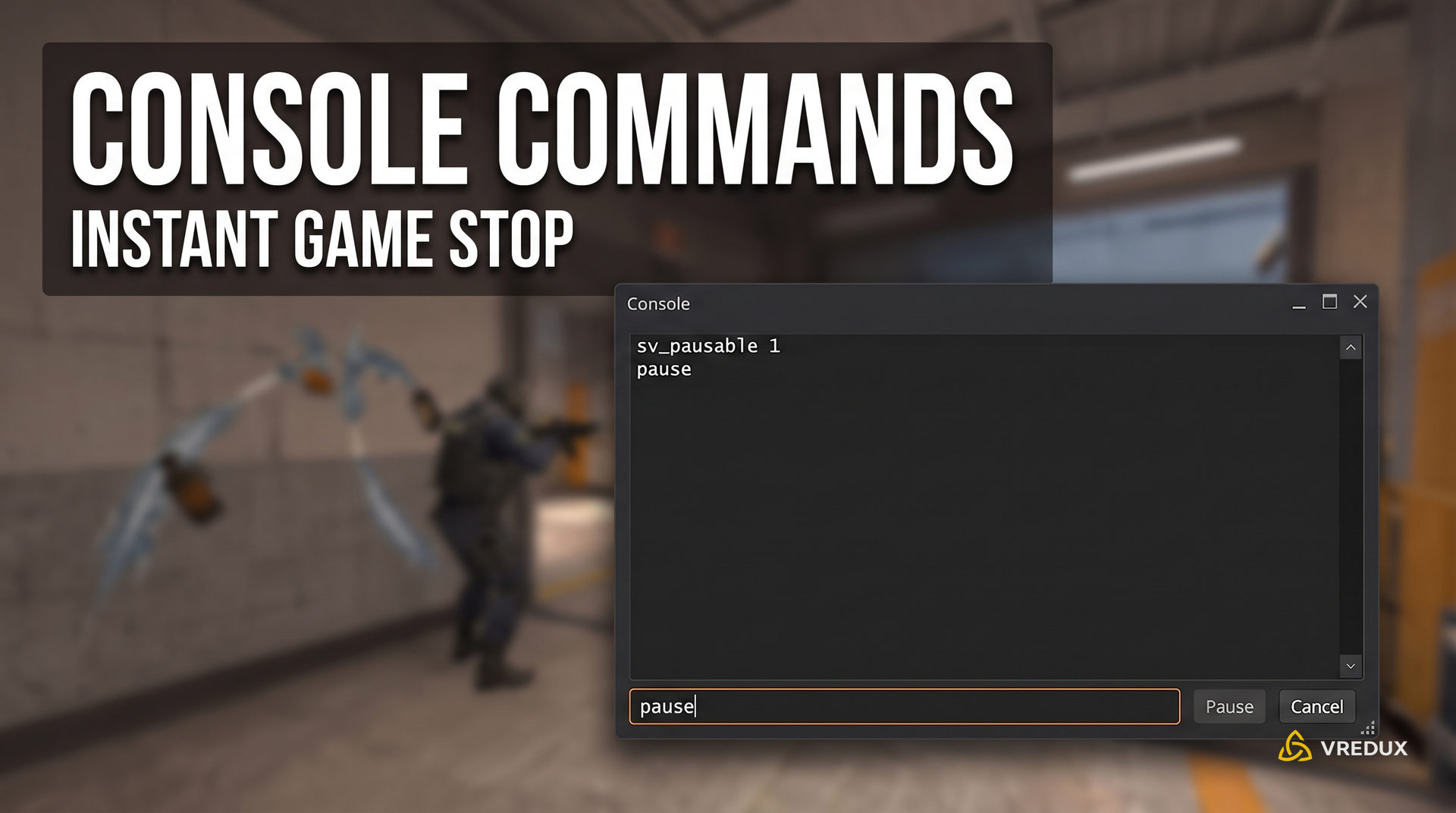 Counter-Strike 2 developer console displaying sv_pausable 1 and pause commands