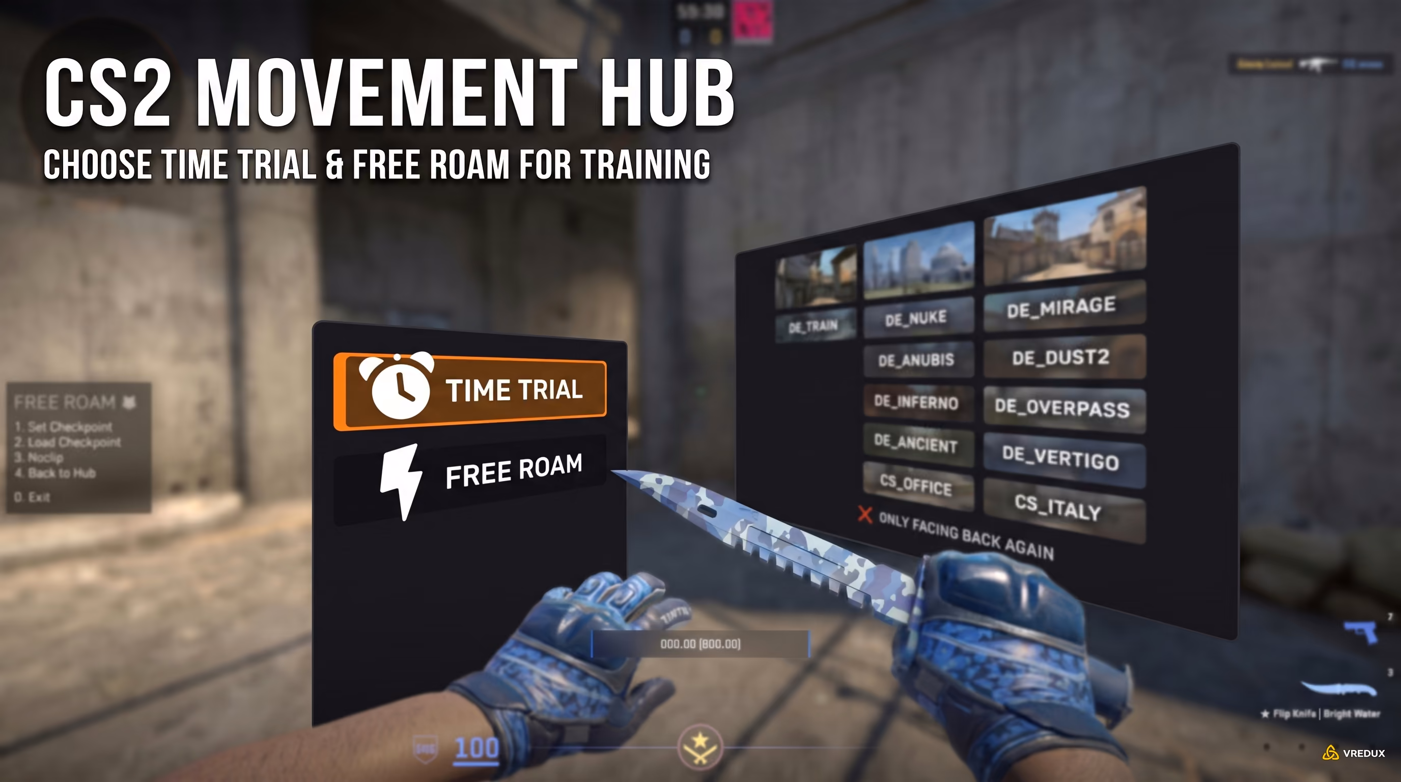 Movement Hub main menu in CS2 showing Time Trial and Free Roam modes