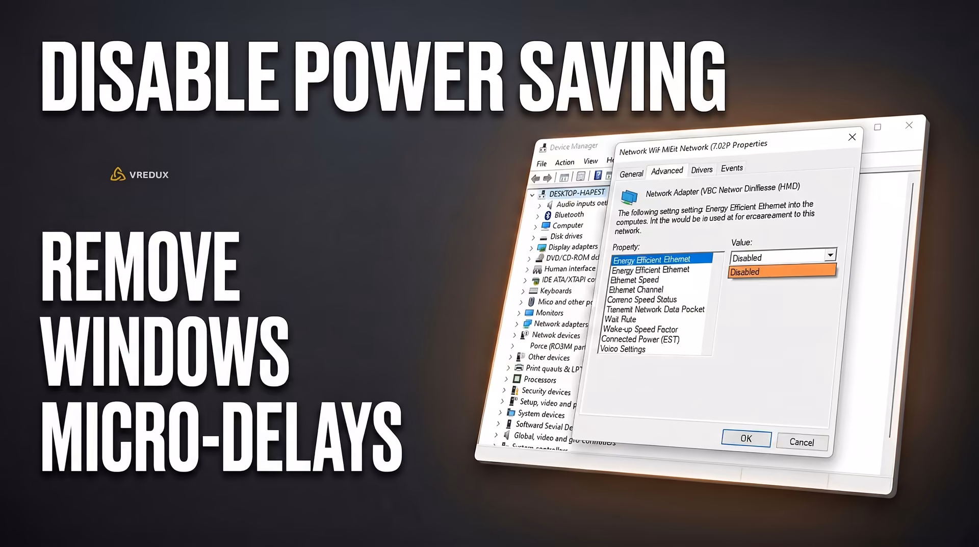 Disabling Energy Efficient Ethernet in Windows Device Manager for stable latency