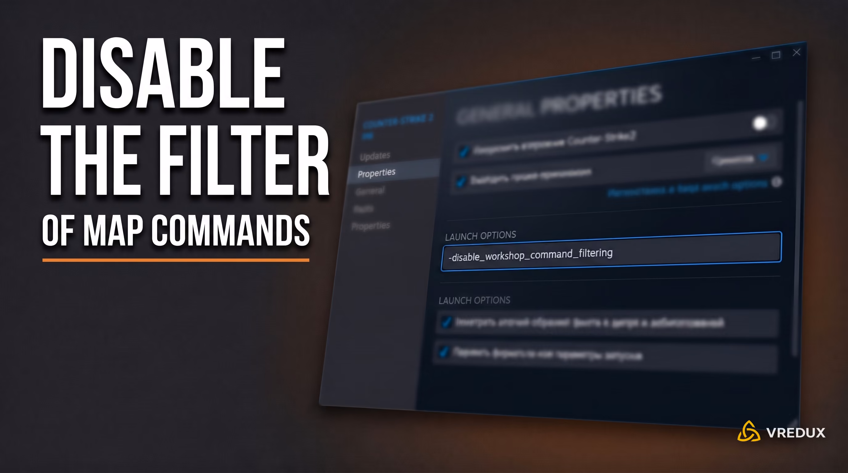 Setting Steam launch options to disable command filtering in CS2