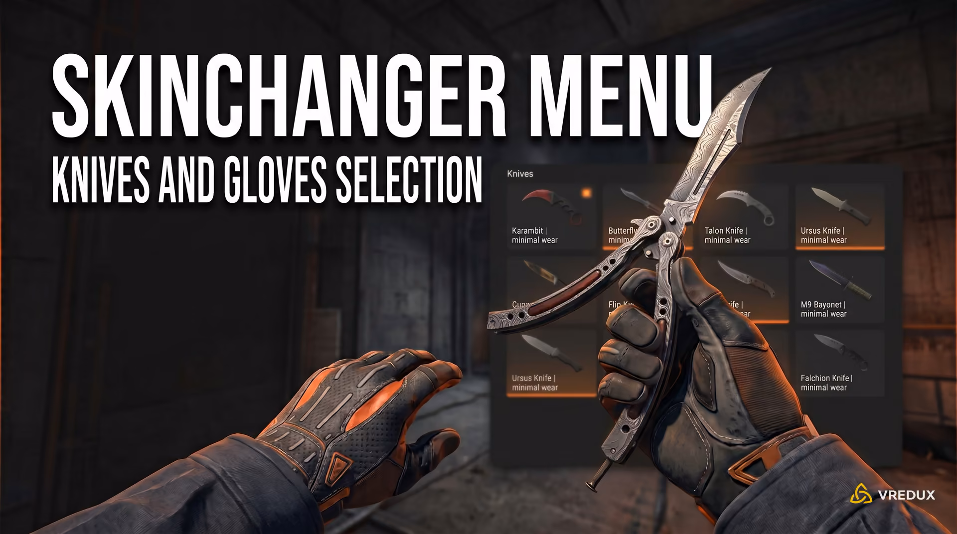 Counter-Strike 2 skinchanger main menu featuring rare knives and gloves selection
