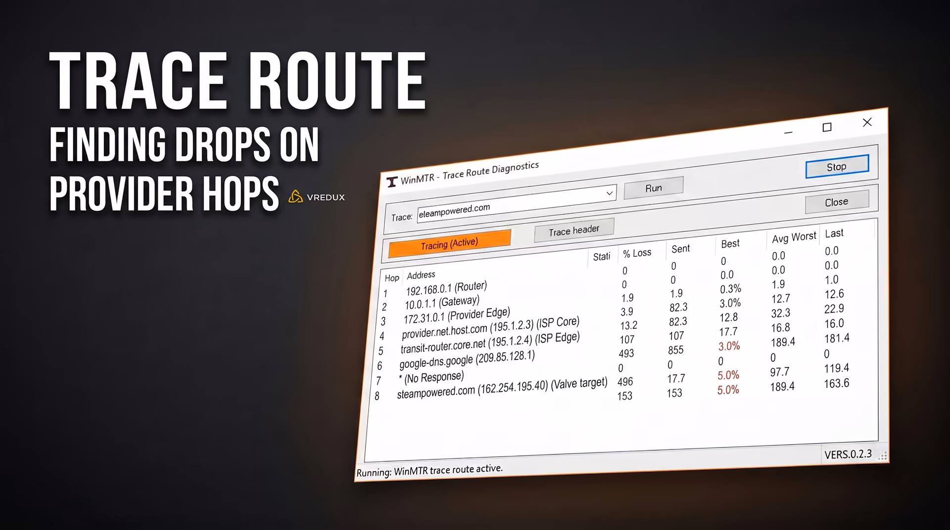 Analyzing packet loss to Valve servers using the WinMTR traceroute utility