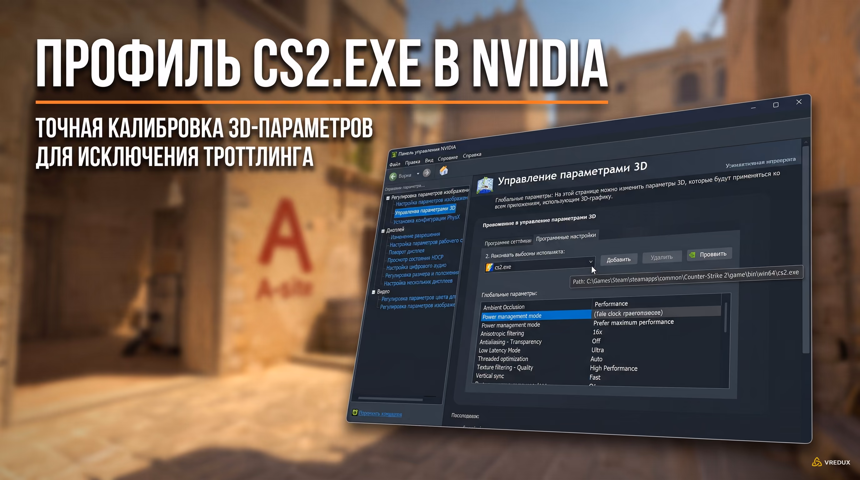 Главное окно панели управления NVIDIA с открытыми программными настройками для файла cs2.exe